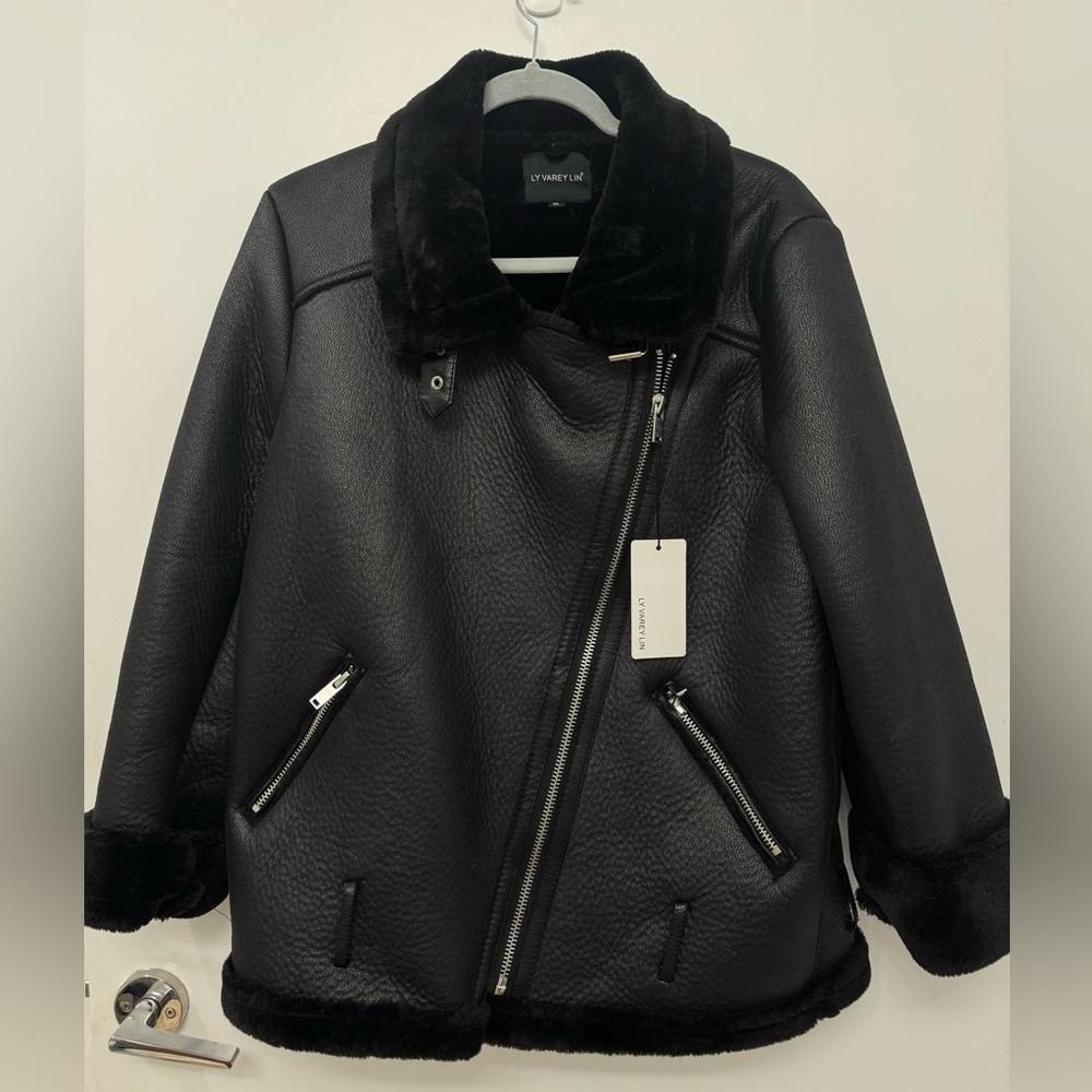 LY VAREY LIN Black Faux Shearling Asymmetrical Moto Jacket